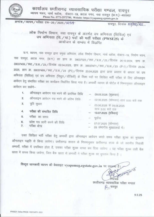 इस भर्ती का आयोजन छत्तीसगढ़ व्यवसायिक परीक्षा मंडल करेगा।