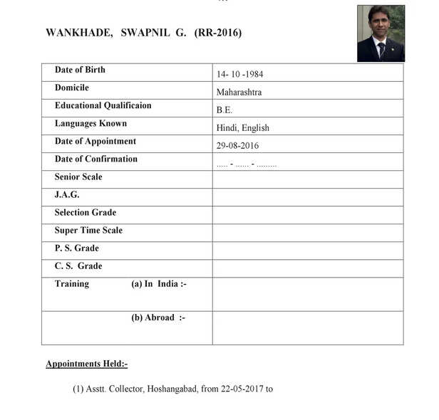 Service record of IAS Swapnil Wankhede