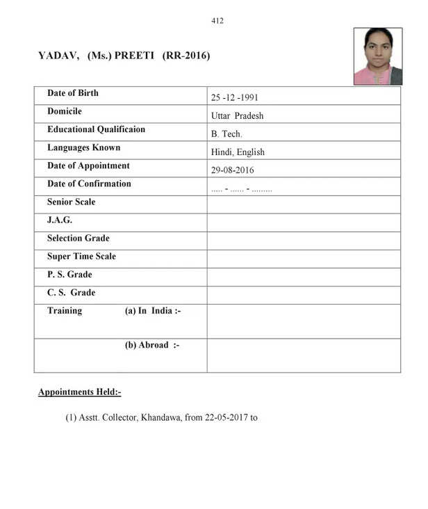 IAS Preeti Yadav Service record
