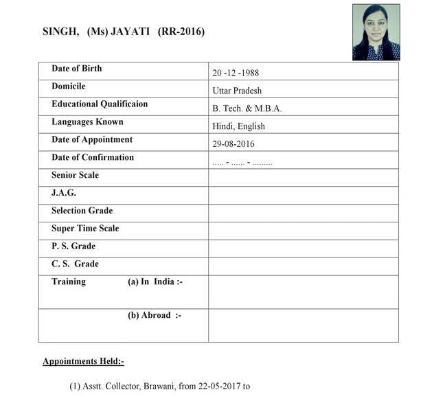 Service record IAS Jayati Singh