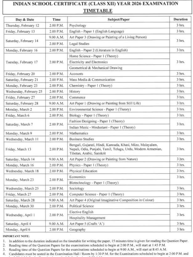 ISC Time Table 2026