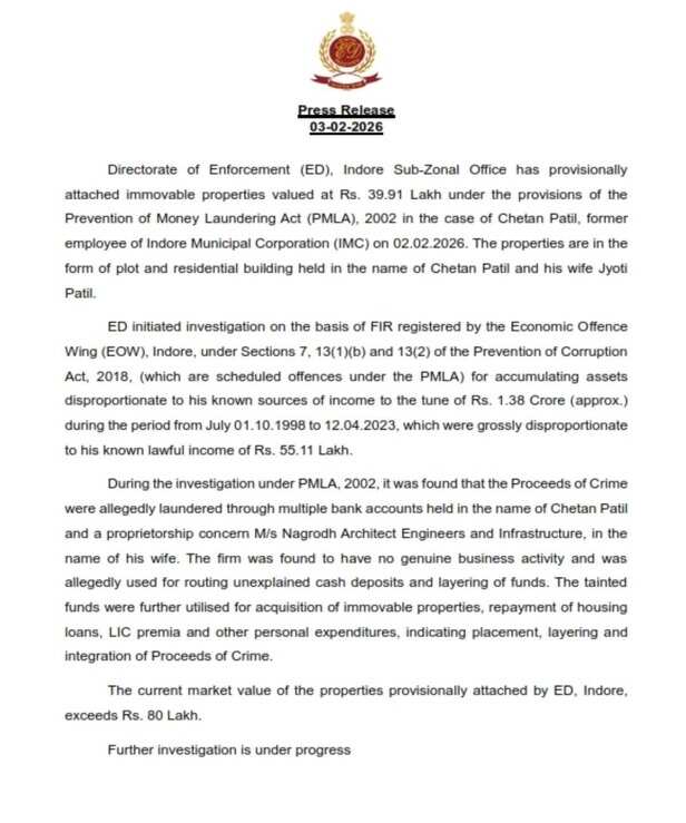 indore former officer chethan patil property attachment
