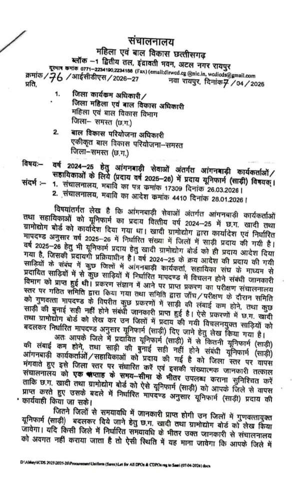 आदेश पत्र महिला एवं बाल विकास परियोजना अधिकारी