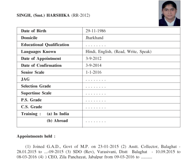 Service record of IAS Harshika Singh