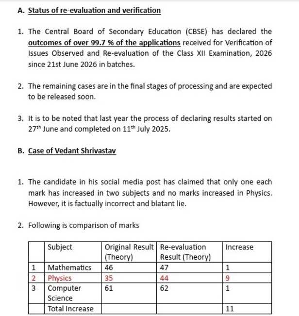 CBSE VEDANT REVALUATION RESULT