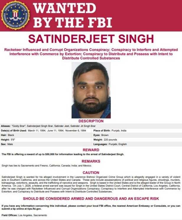FBI ने गोल्डी बराड़ पर 50 हजार डॉलर का इनाम रखा