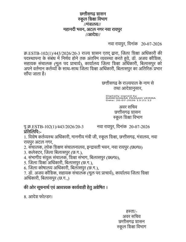 बिलासपुर में डॉ. अजय कौशिक बने प्रभारी DEO