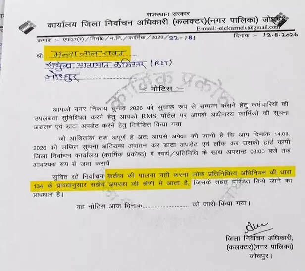 उदयपुर के भाजपा सांसद मन्नालाल रावत को जोधपुर जिला निर्वाचन अधिकारी से नोटिस मिला