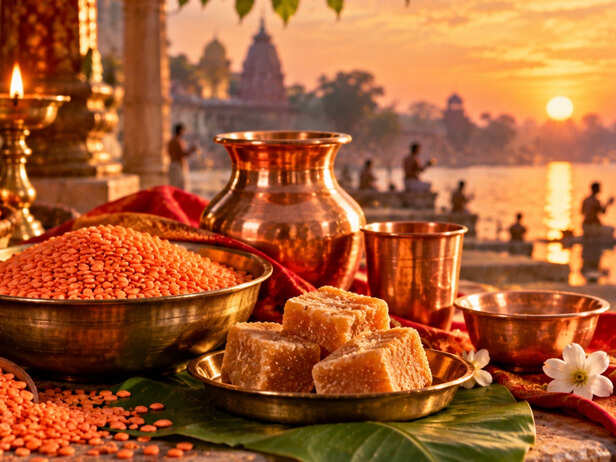Red lentils, jaggery and copper items for daan