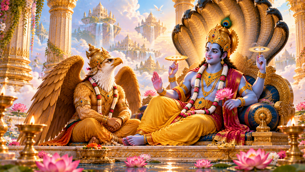 Garuda asking Lord Vishnu about life and death