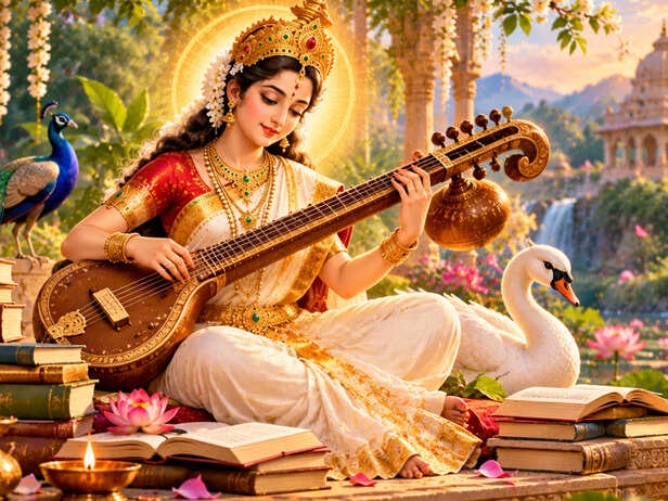 Goddess Saraswati With Veena and Books