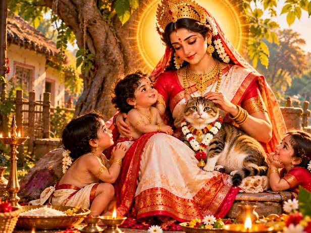 Goddess Shasti With Her Sacred Cat