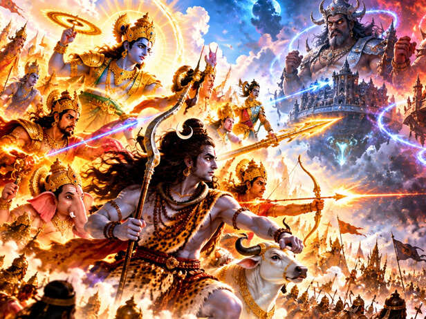 Gods Facing the Powerful Tripura Asuras