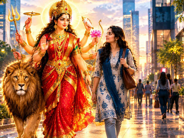 Maa Durga and a Woman Walking in the City