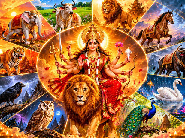 Maa Durga is traditionally shown riding a lion, but during Durga Puja