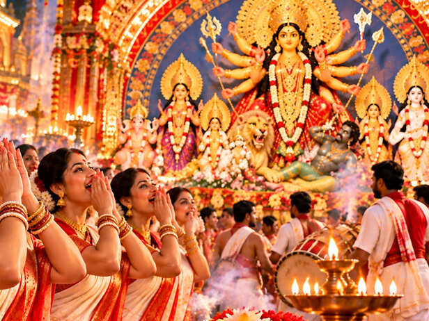 Bengali women performing Ulu Dhwani during Durga Puja