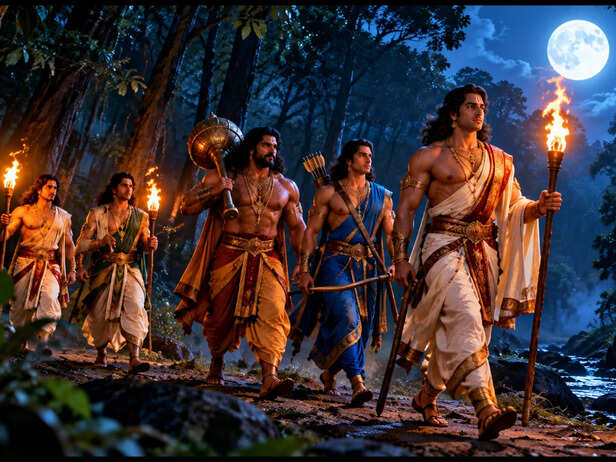 Pandavas Walking Through a Forest at Night