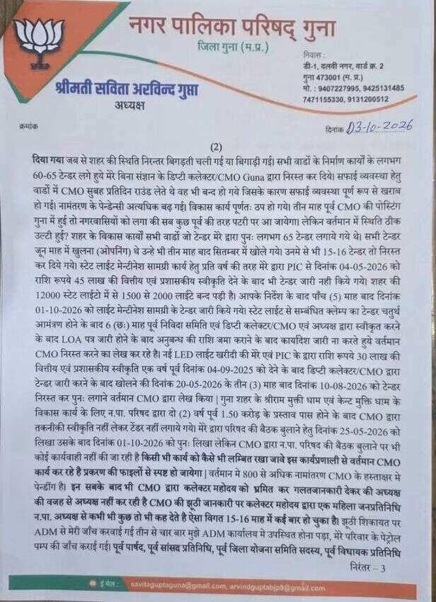 ज्योतिरादित्य सिंधिया को गुना नपाध्यक्ष का भावुक पत्र, प्रशासनिक प्रताड़ना और साजिश का लगाया आरोप