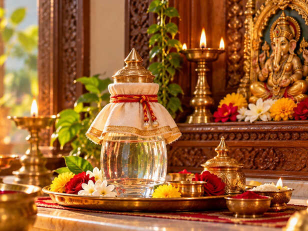 Sacred Ganga Vessel on a Glowing Puja Altar