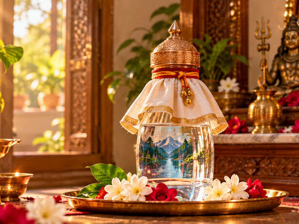 Covered bottle of Ganga Jal kept respectfully at home
