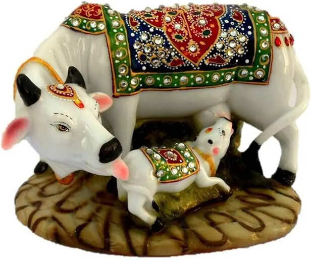 RDK SON'S कामधेनु मवेशी प्रतिमा | गाय और बछड़े की मूर्ति पर डिजाइनर स्टोन  जड़ी | संगमरमर की धूल गौ माता मूर्ति | आध्यात्मिक वास्तु नंदी पूजा ...