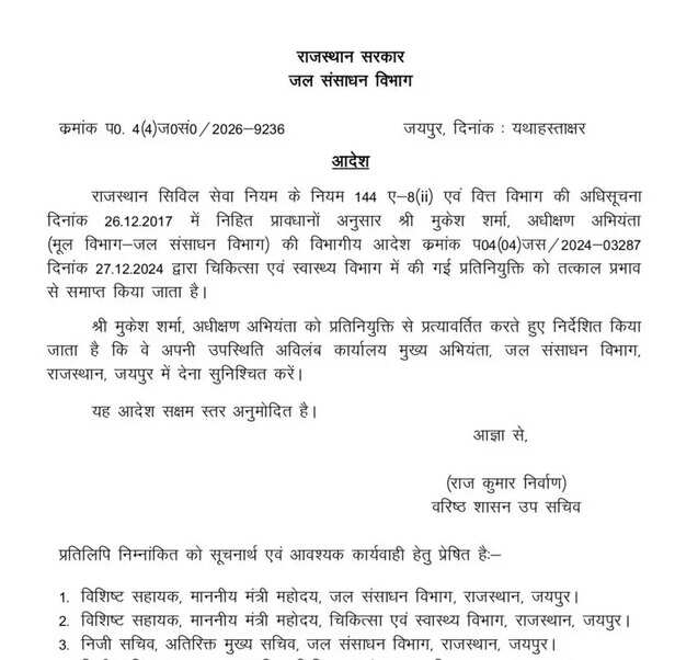 प्रतिनियुक्ति अवधि खत्म करने का ऑर्डर जारी हुआ।