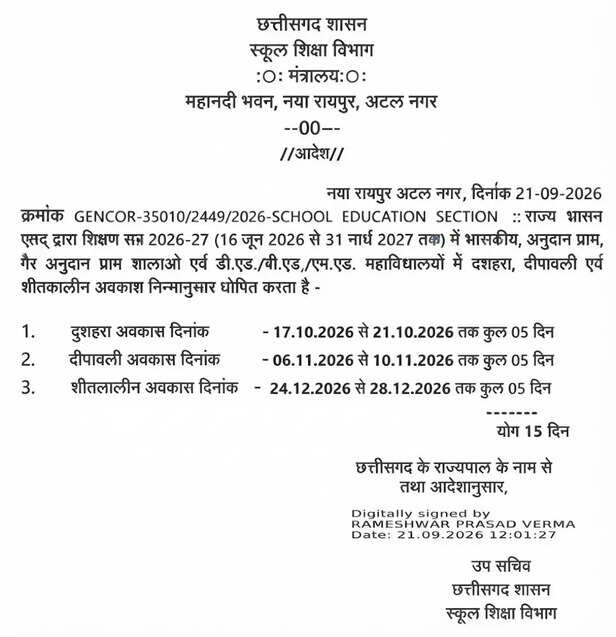 छत्तीसगढ़ के स्कूलों में छुट्टियों का ऐलान