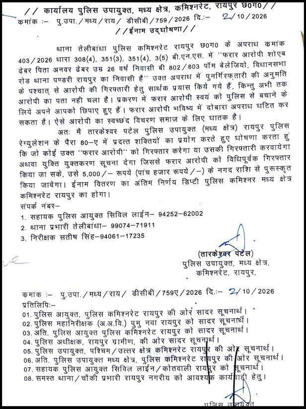 रायपुर पुलिस ने फरार शोएब ढेबर पर 5 हजार रुपए का इनाम घोषित किया