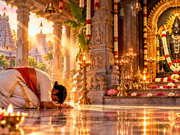 Devotee Touching Temple Floor Before Prayer