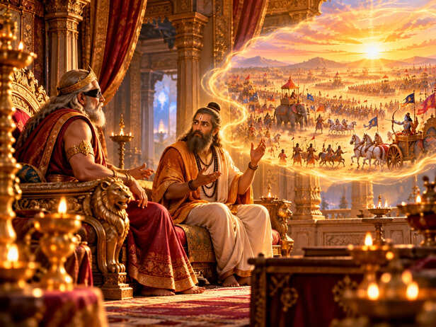 generations, many people have imagined <strong>Sanjaya</strong> sitting inside the royal palace at Hastinapura
