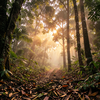Dawn mist in tropical forest