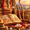 Sacred Scriptures and Temple Relics at Sunset