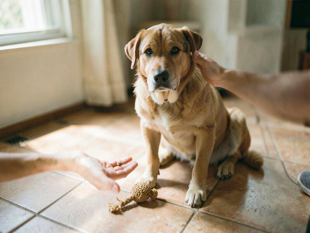Calm dog accepts treat