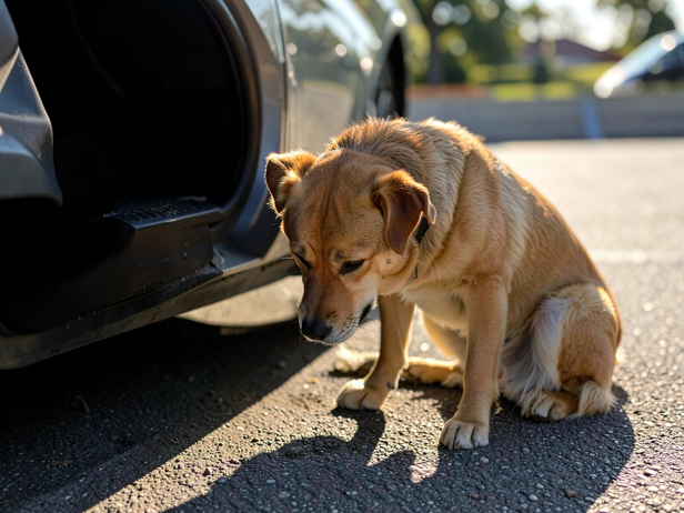Dog waits by car