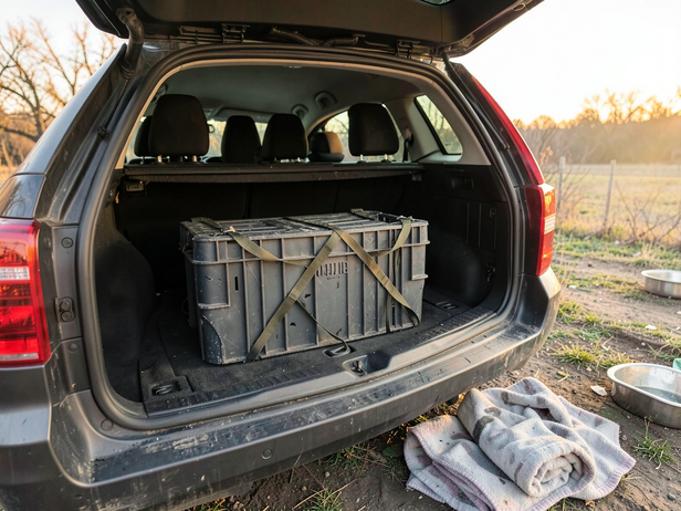 Secured Dog Crate in SUV