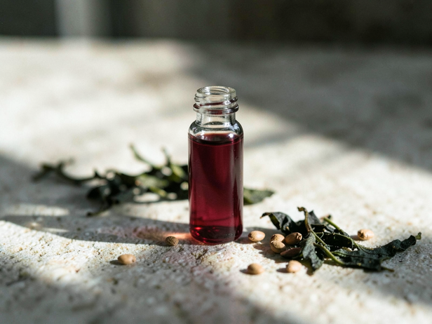 Crimson Elixir Beside Herbs