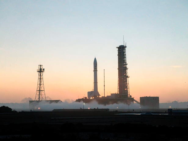 Rocket Silhouetted at Dawn