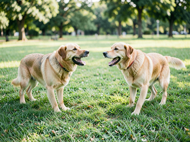 Dogs Play Bow in Park