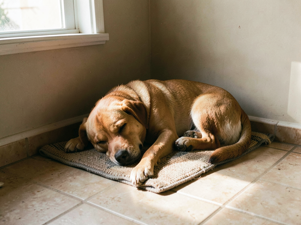 Relaxed Dog on Kitchen Mat