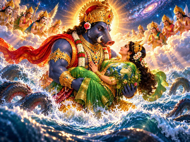 Varaha Rescues Earth in Cosmic Waters