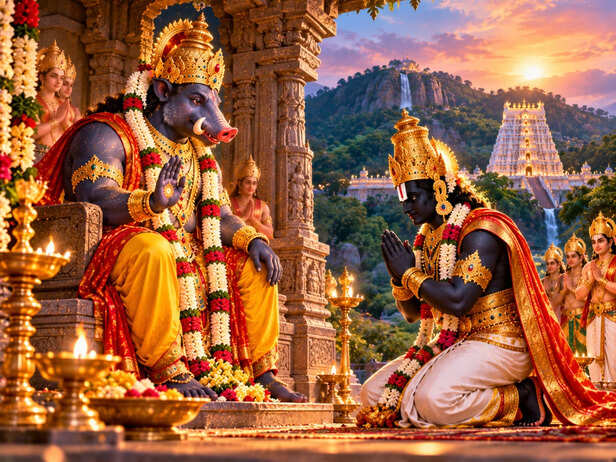 Varaha Blessing Venkateswara at Sunset