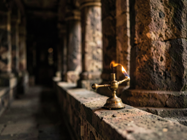 Ancient lamp illuminates stone corridor