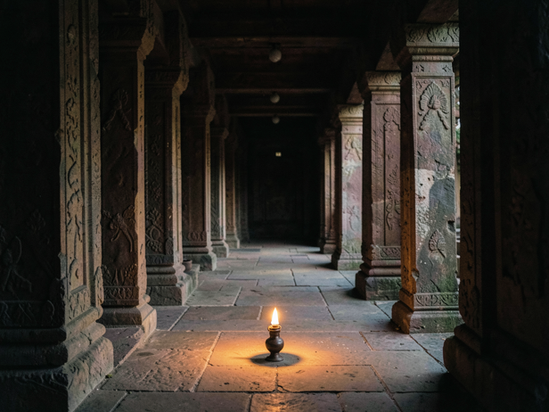 Temple corridor's soft darkness