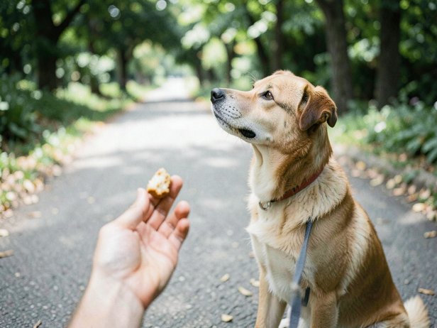 Calm dog awaits treat