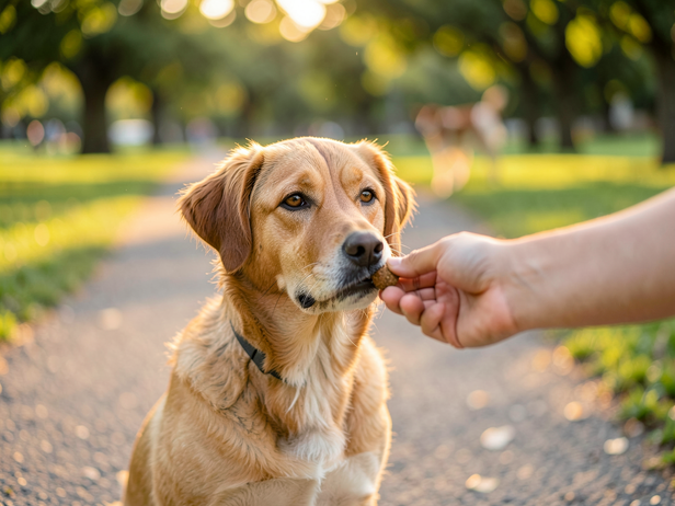 Calm dog awaits treat