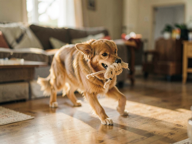 Dog trots with rope toy