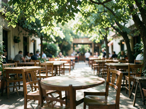 Sun-dappled cafe terrace awaits.