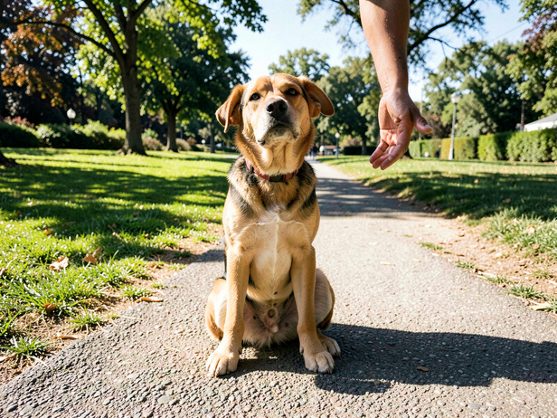 Dog sits, owner's hand relaxed