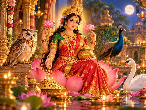 Goddess Lakshmi in a Moonlit Lotus Temple