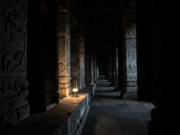 Temple Corridor's Dim Light